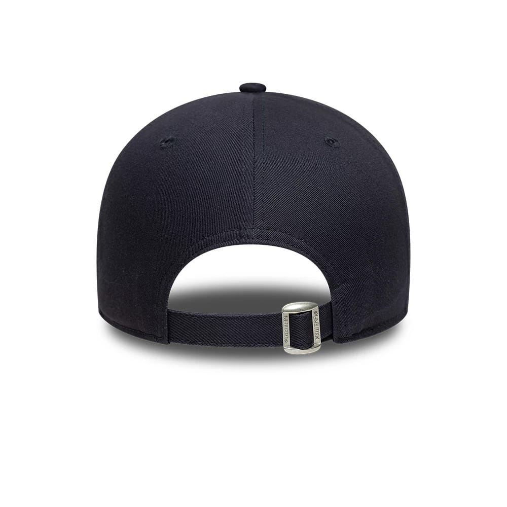 New York Yankees MLB Outdoor Icon Navy New Era 9FORTY Adjustable Cap, rear view showing the curved navy visor, central top button, and adjustable strap with buckle, featuring small embroidered eyelets on the structured navy crown.