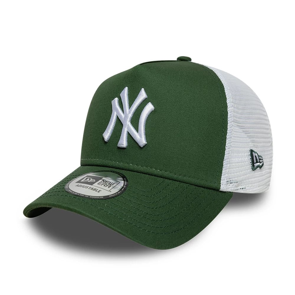 Pictured is this MLB League Essential New York Yankees 9FORTY A-Frame Trucker cap in dark green. 1