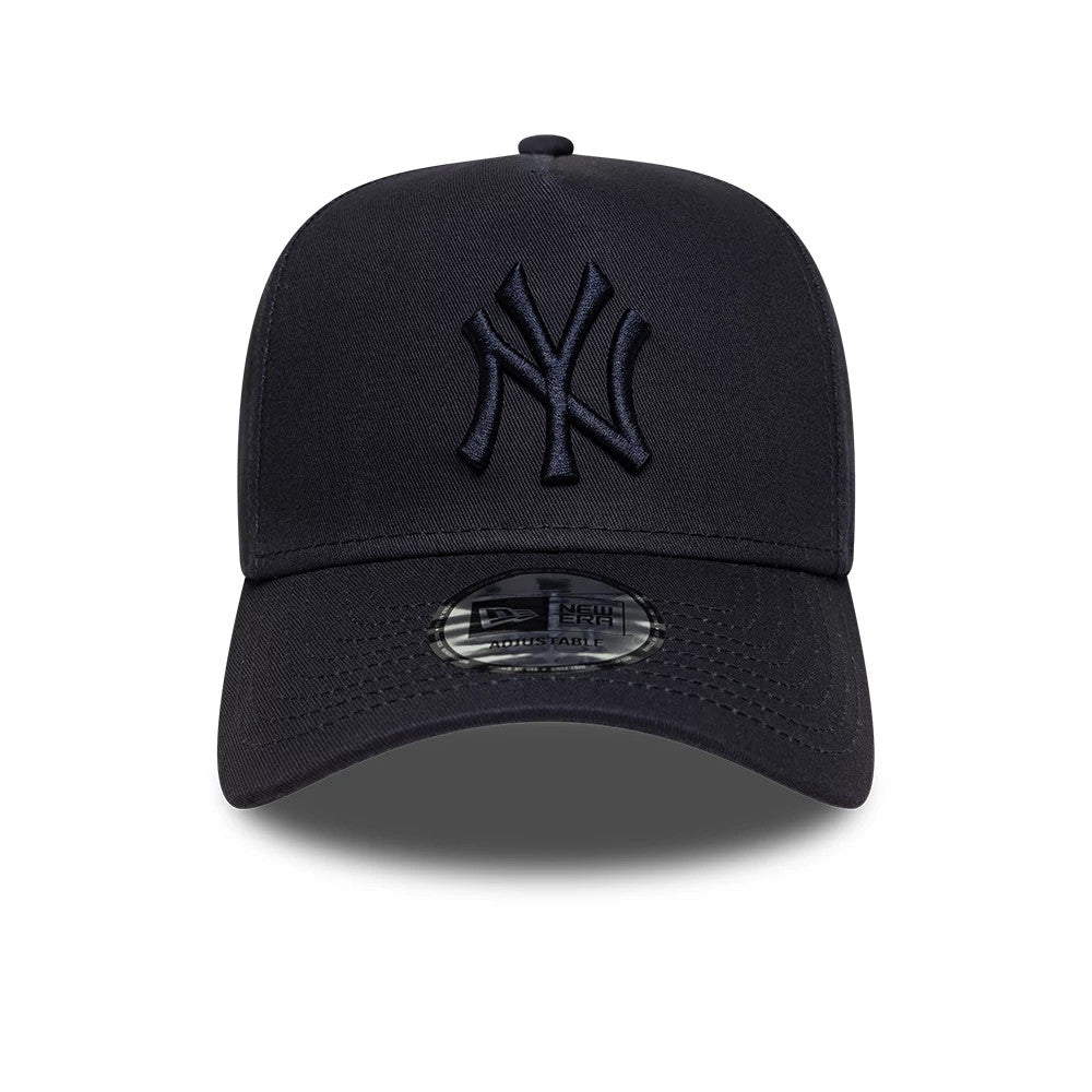New York Yankees MLB League Essential Navy New Era 9FORTY A-Frame Adjustable Cap, front view showing the raised navy embroidered NY logo on the structured crown, with a curved visor and a 9FORTY size sticker on the centre.