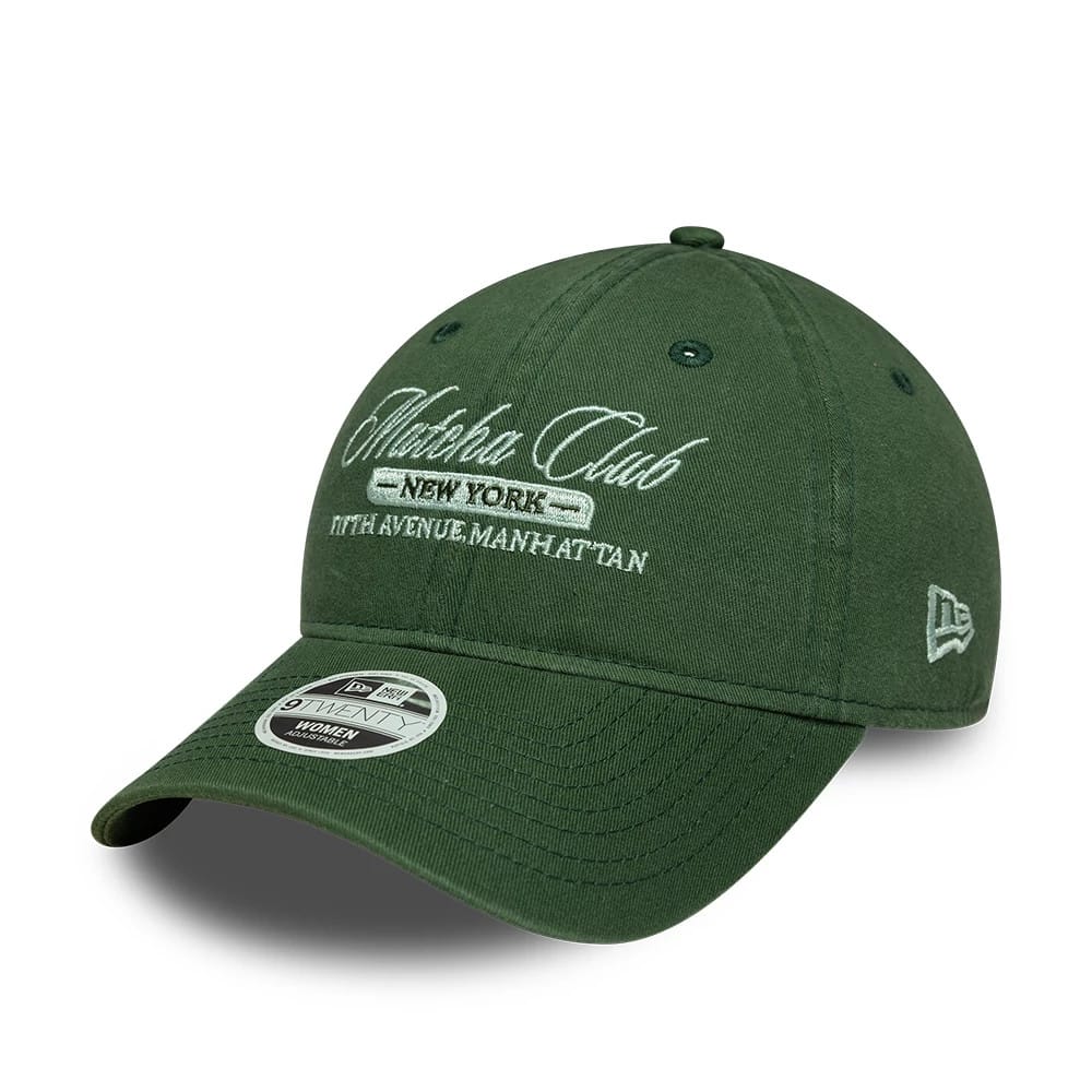 Pictured is this Womens New Era Café Slogan 9TWENTY cap in dark green. 1