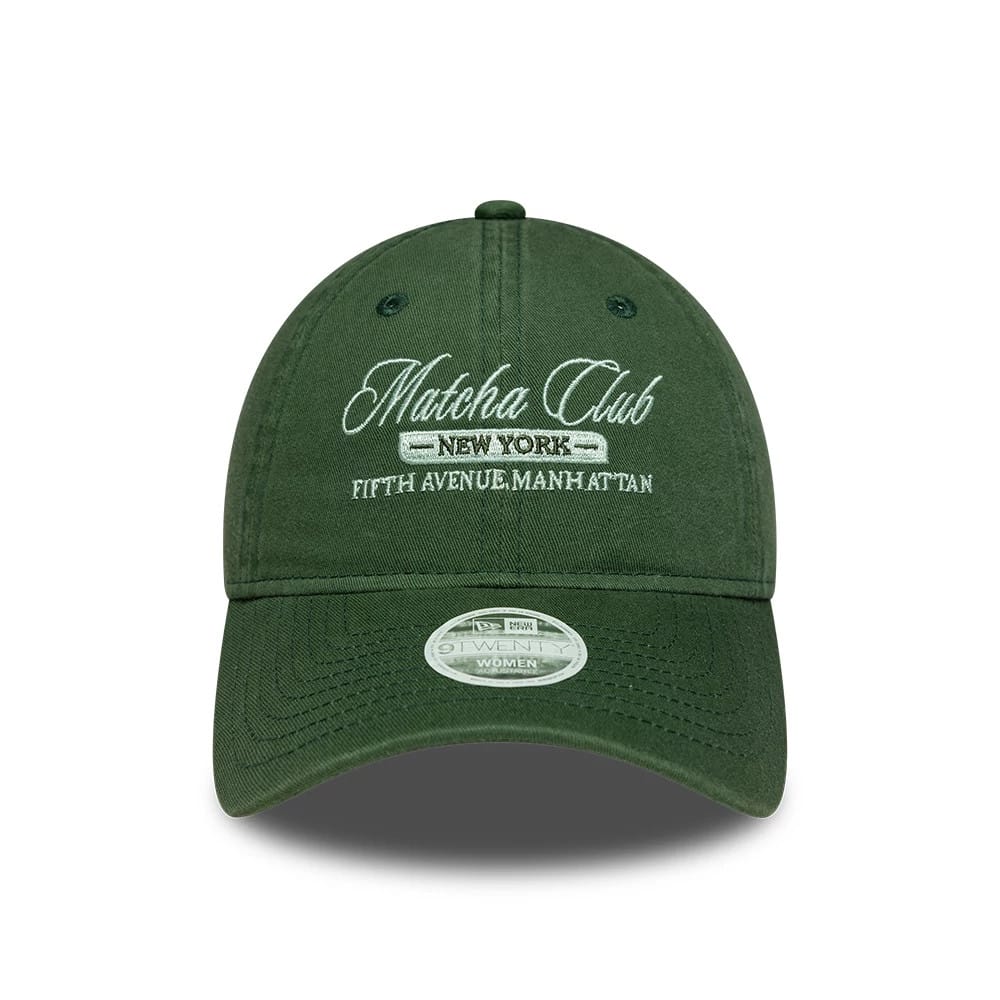 Pictured is this Womens New Era Café Slogan 9TWENTY cap in dark green. 2