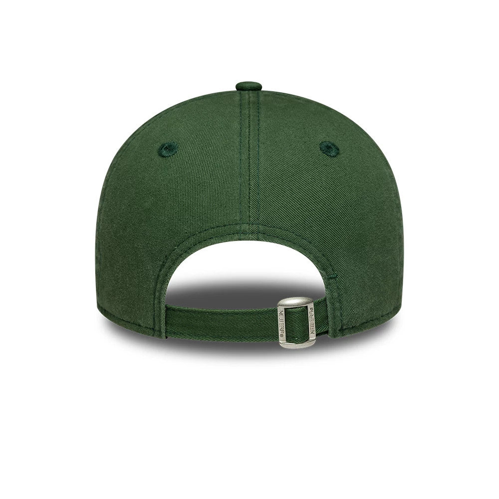 Womens New Era Café Slogan Dark Green 9TWENTY Adjustable Cap, rear view showing a seamless panel structure, an adjustable fabric strap with a clasp for custom fitting, and a dark green cotton texture across the crown.
