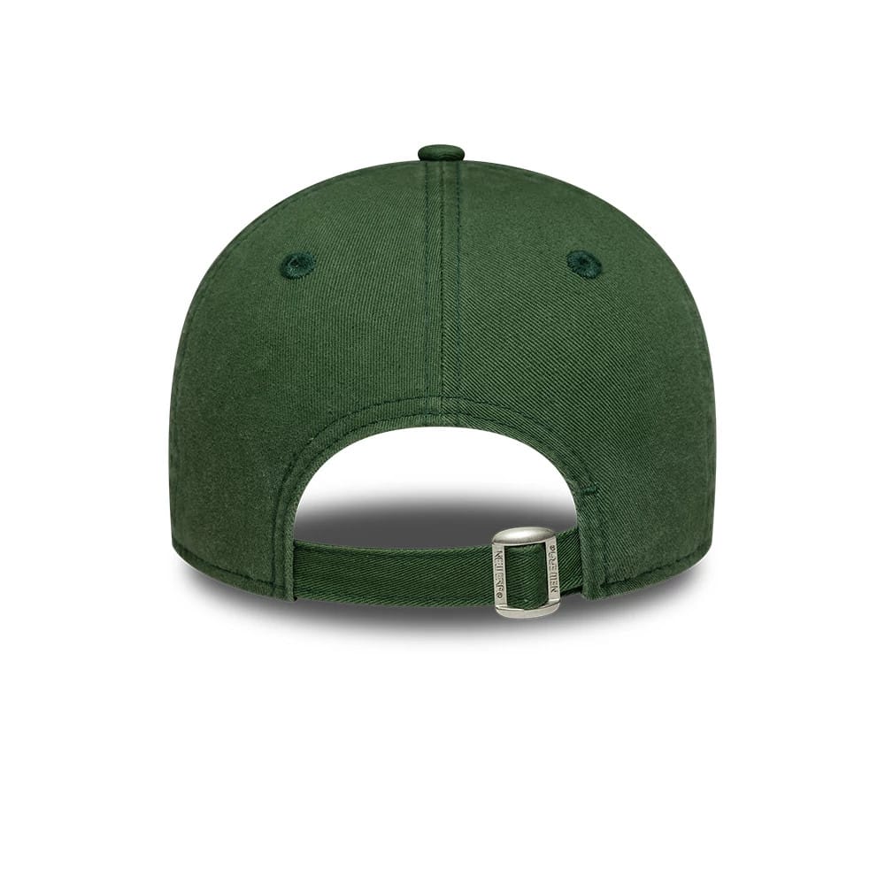 Womens New Era Café Slogan Dark Green 9TWENTY Adjustable Cap, rear view showing a seamless panel structure, an adjustable fabric strap with a clasp for custom fitting, and a dark green cotton texture across the crown.