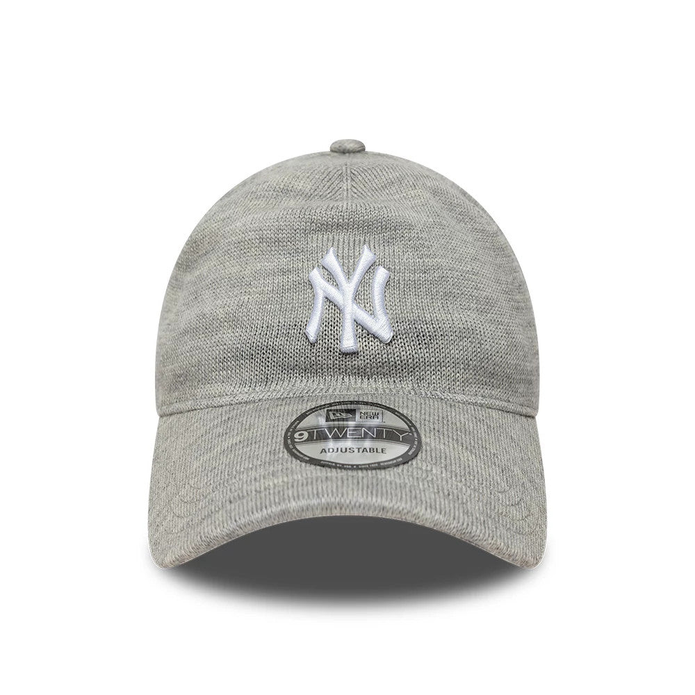 New York Yankees MLB Knitted Grey New Era 9TWENTY A-Frame Adjustable Cap, front view showing the raised white embroidered NY logo centred on the structured grey knitted crown, with a curved grey visor and 9TWENTY size sticker.