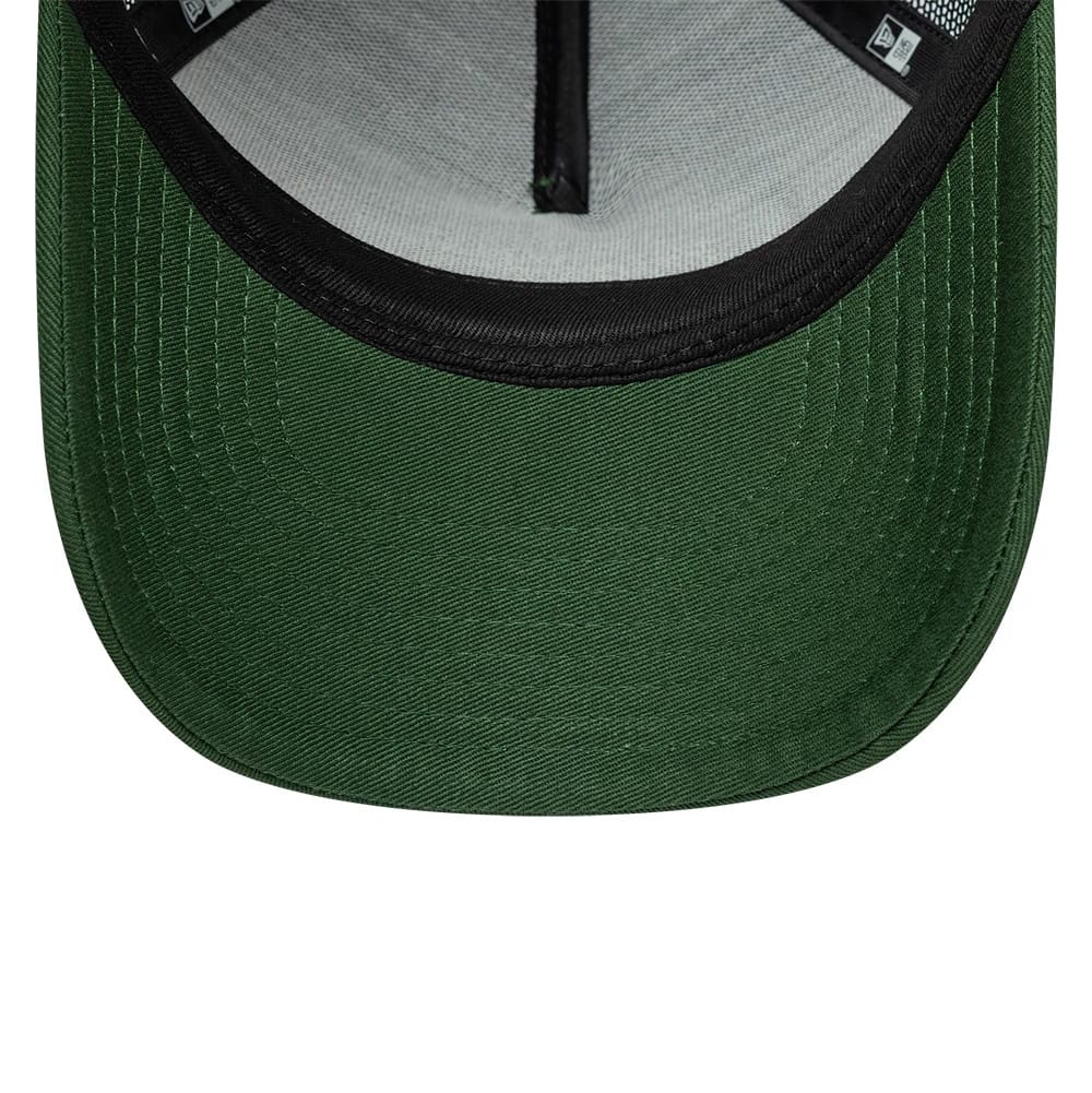 Pictured is this Youth New Era Oval Patch 9FORTY A-Frame Trucker cap in dark green. 5
