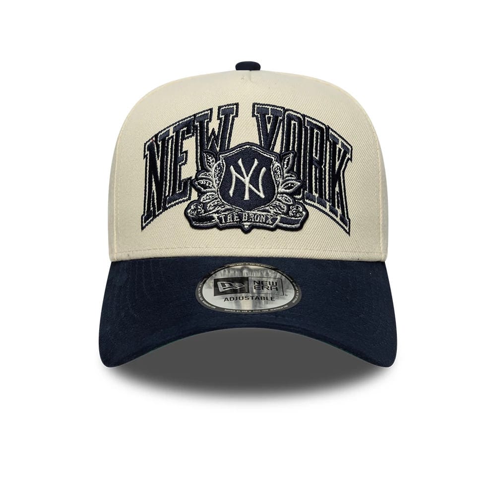 Pictured is this MLB Suede New York Yankees 9FORTY E-Frame cap in cream. 3