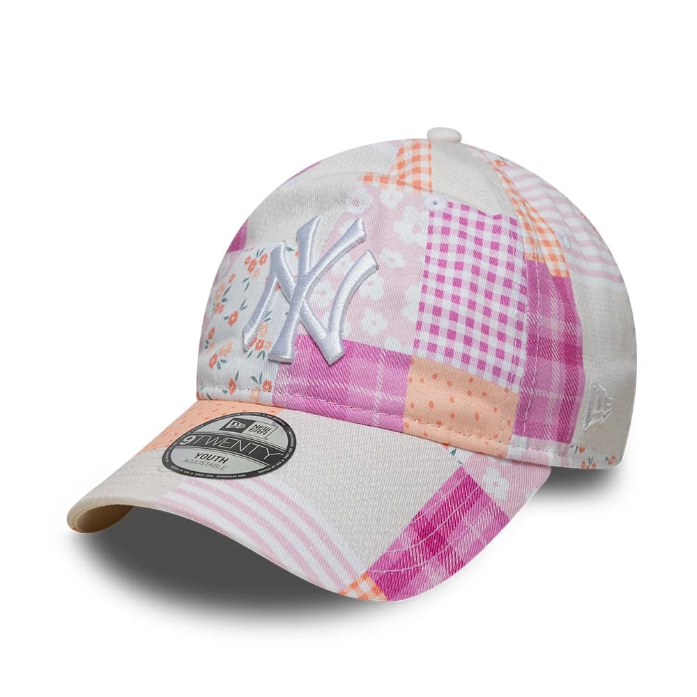 Pictured is this Youth MLB Patchwork New York Yankees 9TWENTY cap in pastel pink. 1