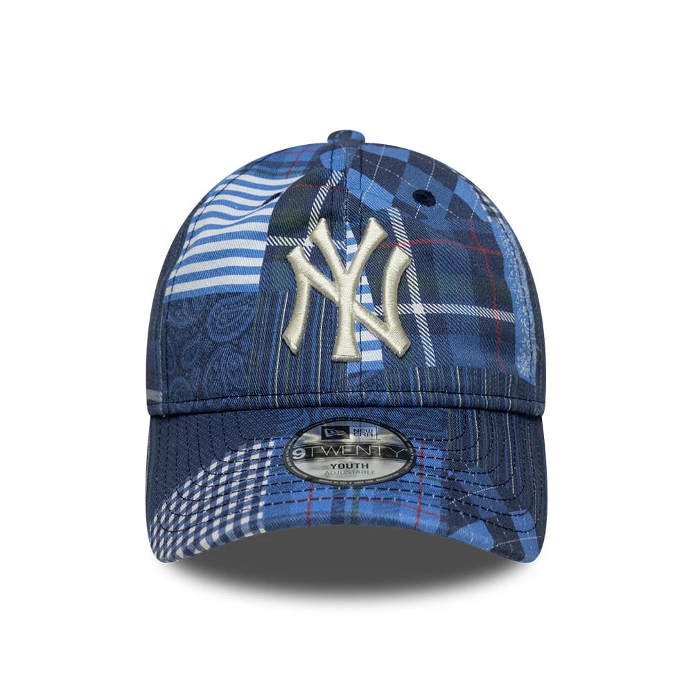Youth New York Yankees MLB Patchwork Navy New Era 9TWENTY Adjustable Cap, front view showing the raised beige NY logo embroidered on a navy patchwork crown, paired with a matching navy curved visor featuring a 9TWENTY size sticker.