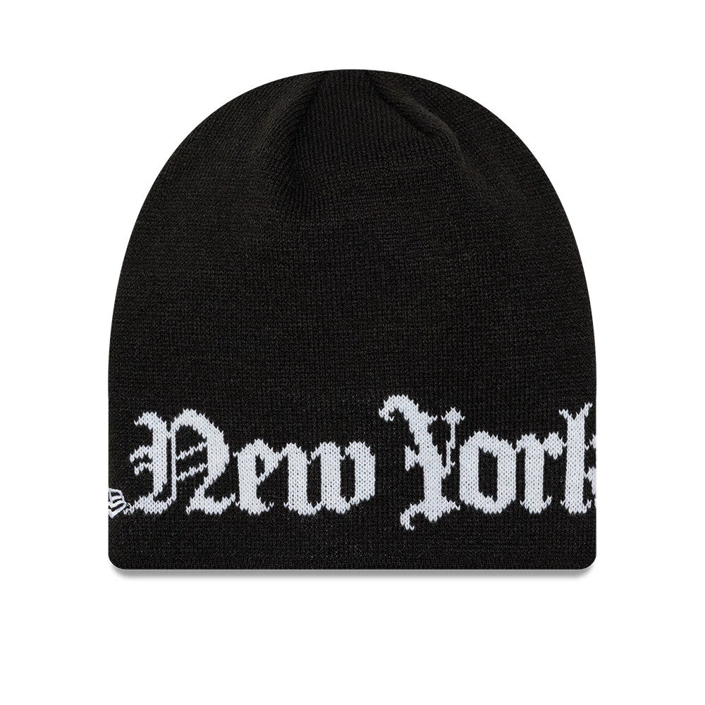 Pictured is this MLB Script New York Yankees Skull Knit Beanie hat in black. 2