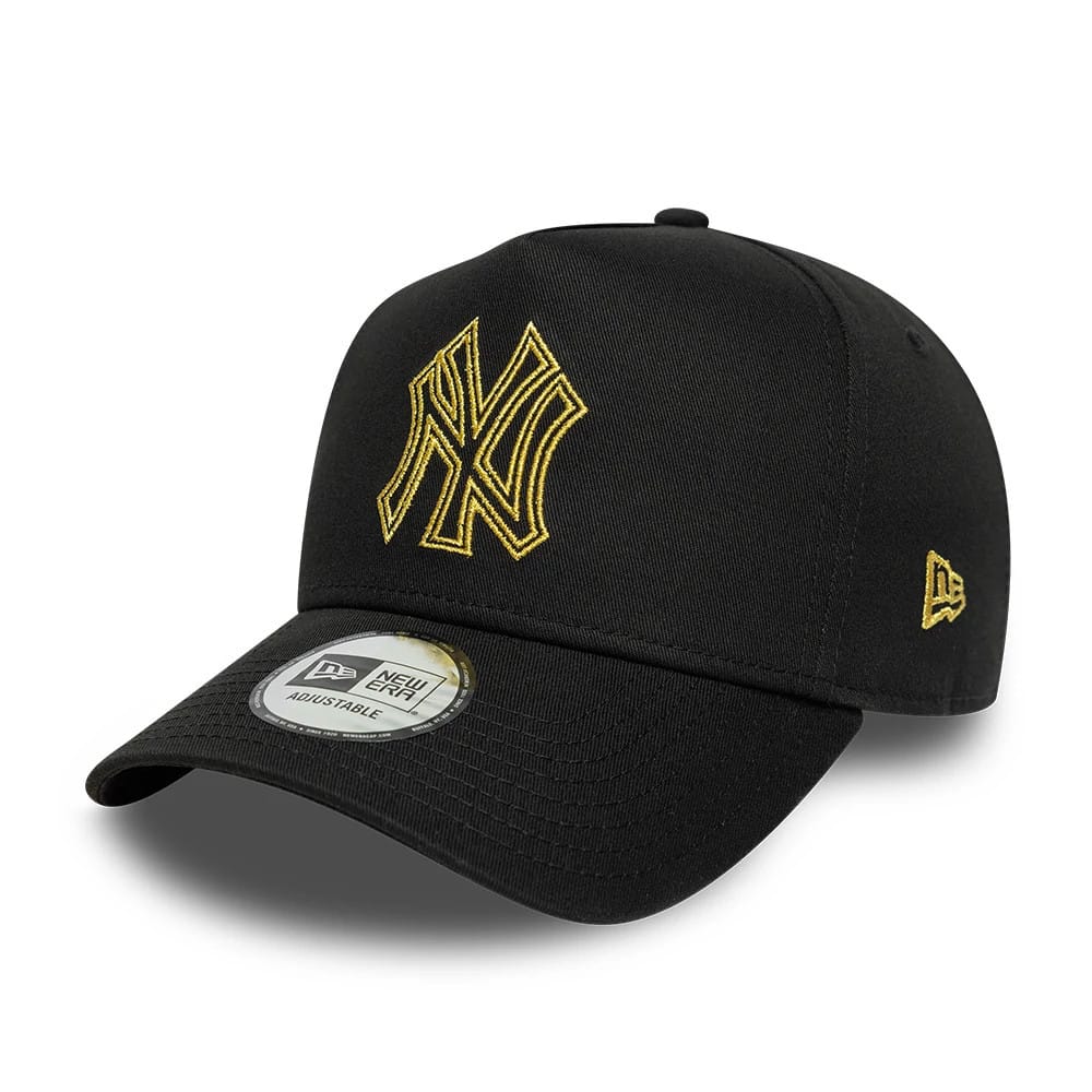 Pictured is this MLB Metallic Outline New York Yankees 9FORTY A-Frame cap in black. 1