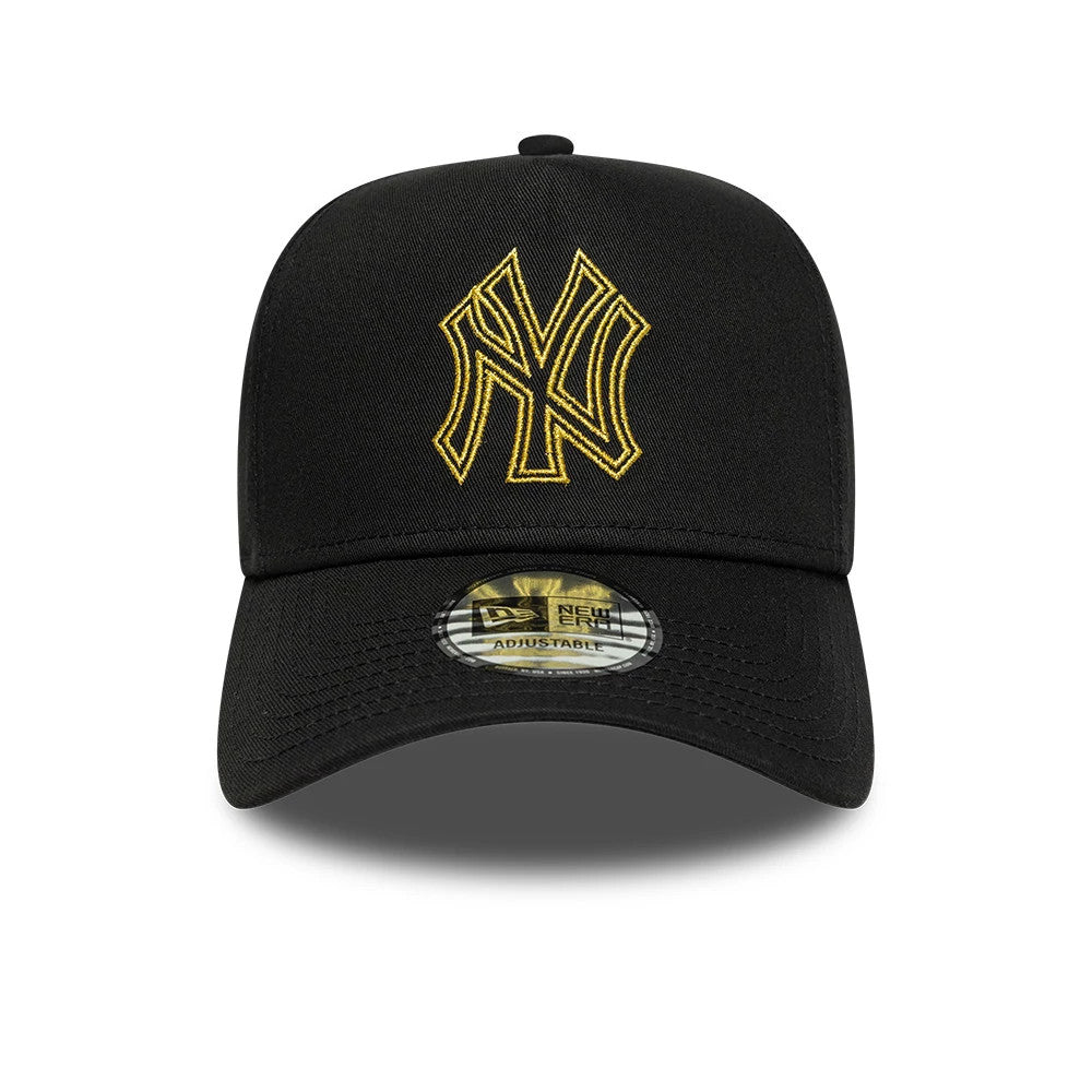 New York Yankees MLB Metallic Outline Black New Era 9FORTY A-Frame Adjustable Cap, front view showing the gold embroidered NY logo on the black front panel, with a curved black visor and the 9FORTY size sticker on the visor.