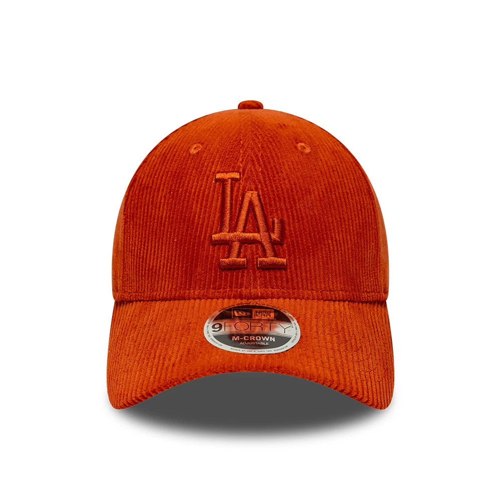 LA Dodgers MLB Cord Red New Era 9FORTY M-Crown Adjustable Cap, front view showing the raised embroidered LA logo on the structured red corduroy crown, with a curved visor and a 9FORTY size sticker on the visor.