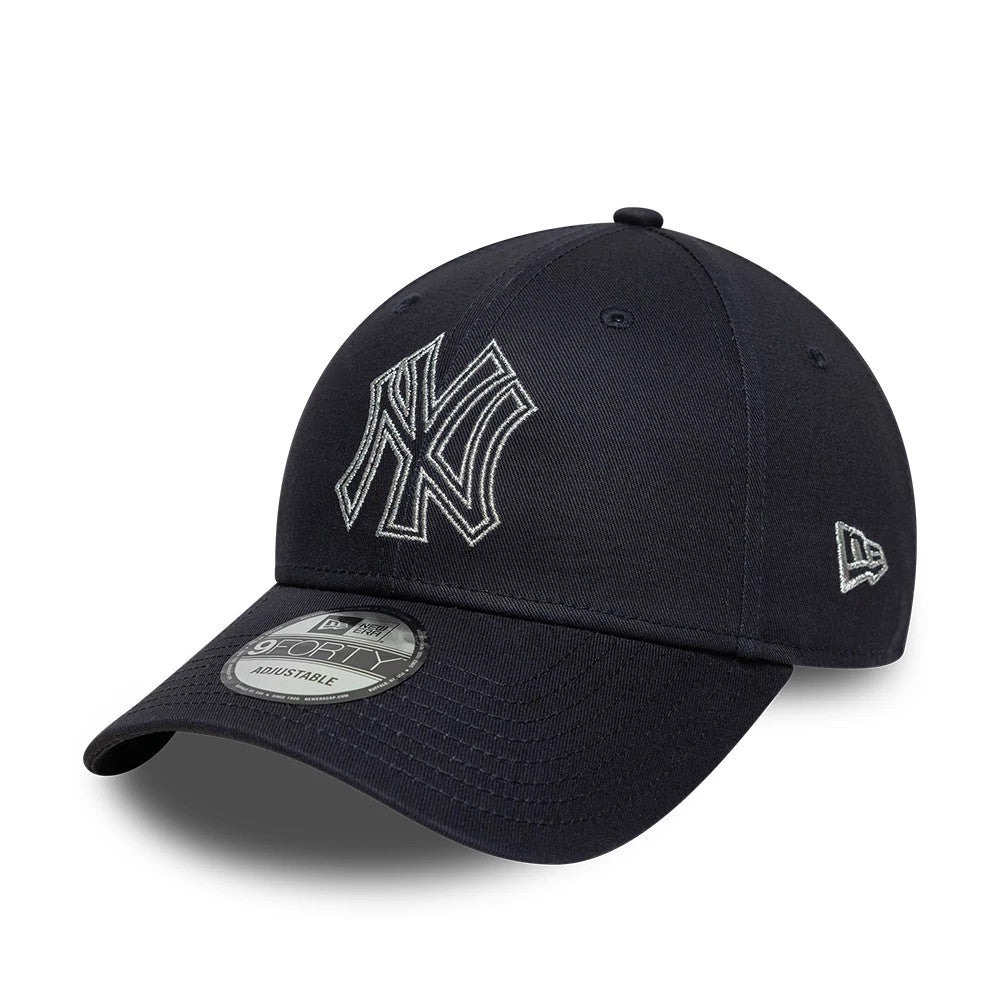 New York Yankees MLB Metallic Outline Navy New Era 9FORTY Adjustable Cap, three-quarter view featuring a silver outlined Yankees logo embroidered on the front panels, a curved navy visor with a 9FORTY size sticker.
