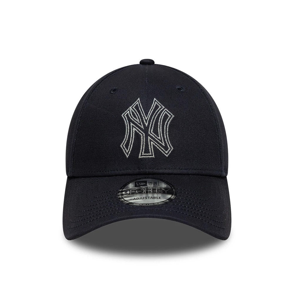 New York Yankees MLB Metallic Outline Navy New Era 9FORTY Adjustable Cap, front view showing a grey embroidered NY logo on the structured navy crown, with a 9FORTY size sticker and a curved visor.