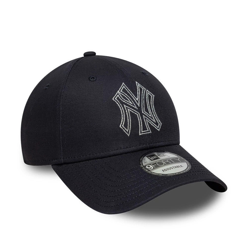 New York Yankees MLB Metallic Outline Navy New Era 9FORTY Adjustable Cap, three-quarter view showing the raised embroidered outline NY logo on the front panel, navy curved visor, and 9FORTY size sticker on top of the visor.