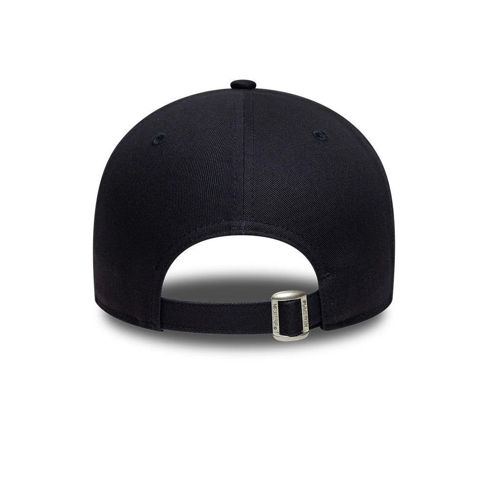 New York Yankees MLB Metallic Outline Navy New Era 9FORTY Adjustable Cap, rear view showing a clean navy back panel with eyelets, an open arch above a curved strap with a slider buckle, and a top button.