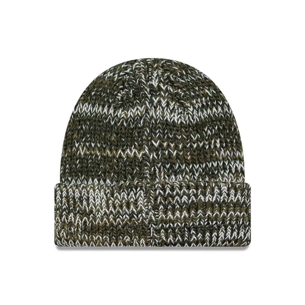 New Era New York Yankees MLB Chunky Knit Dark Green Cuff Knit Beanie Hat, front view showing a marled dark green and white chunky knit texture, with a folded cuff design that adds extra warmth and style to the cosy beanie.