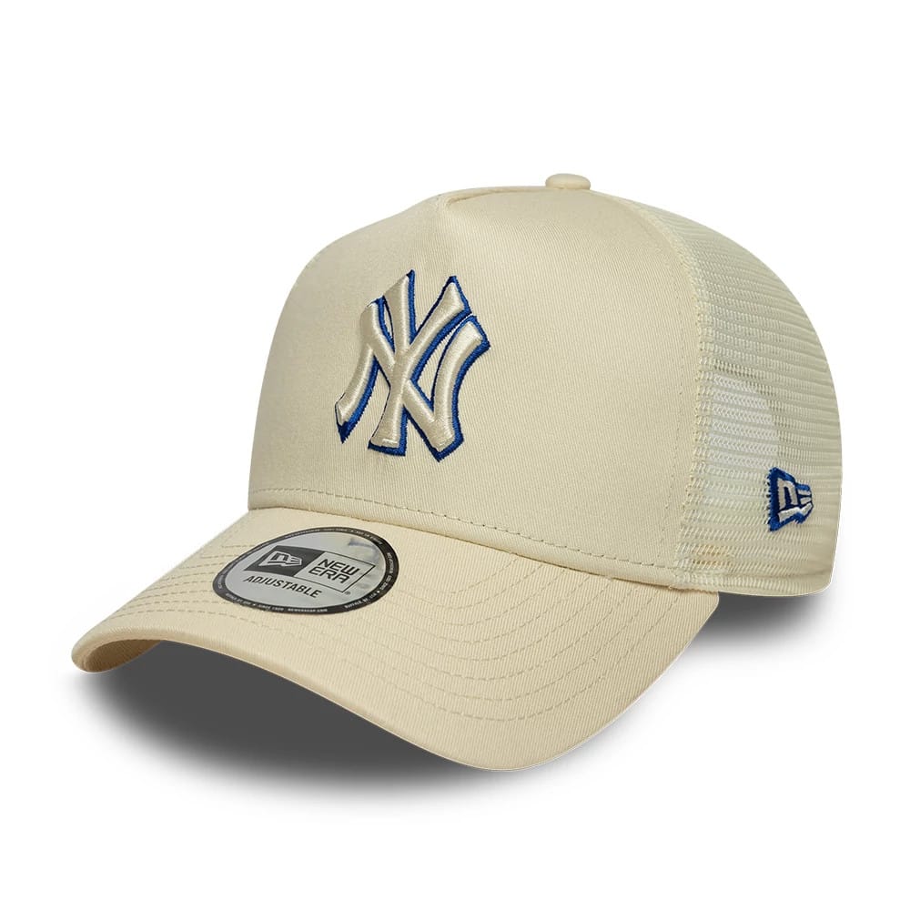 Pictured is this MLB Outline New York Yankees 9FORTY E-Frame Trucker cap in cream. 1
