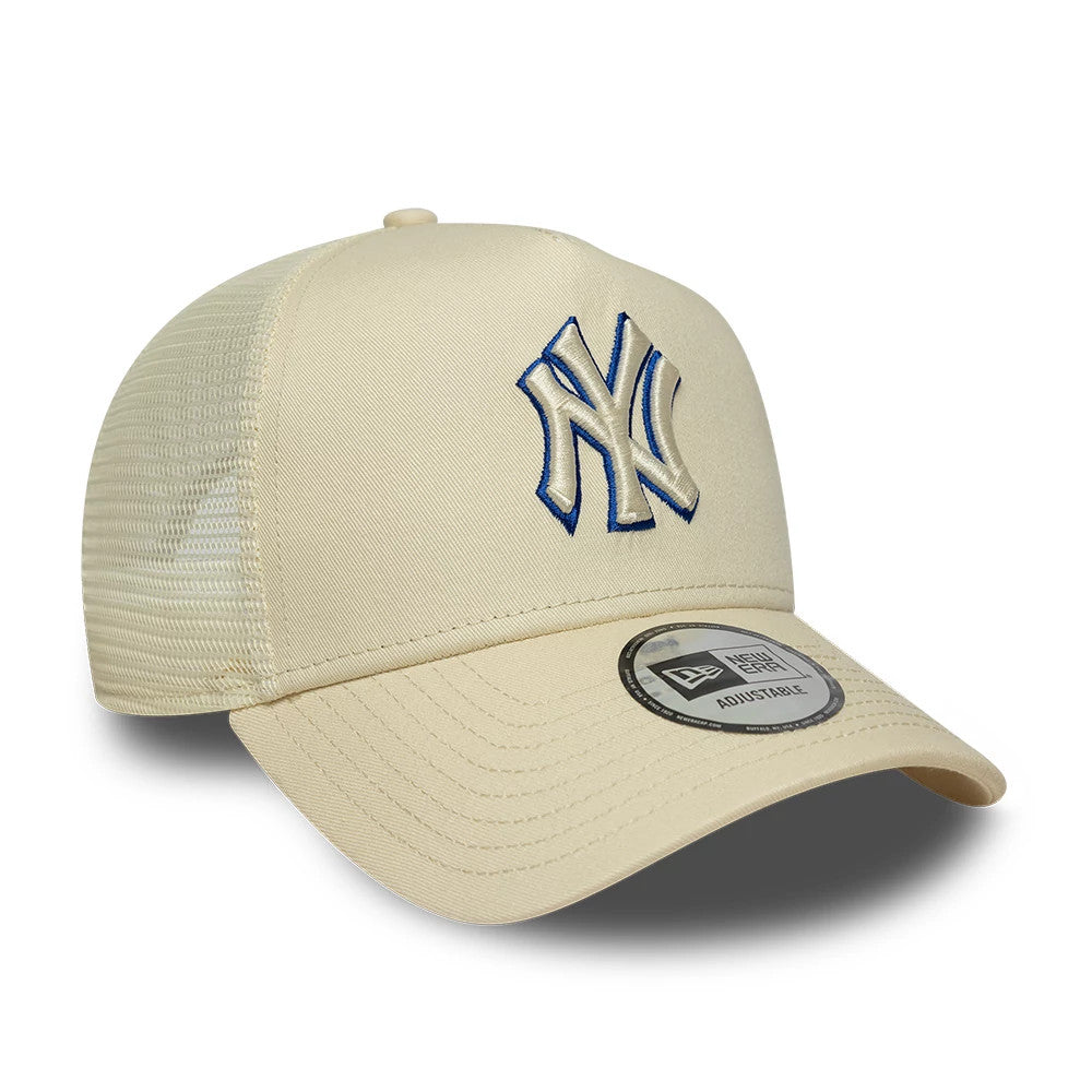New York Yankees MLB Outline Cream New Era 9FORTY E-Frame Trucker Adjustable Cap, three-quarter view showing the raised navy and white embroidered NY logo on the front panel, with a matching cream visor and 9FORTY size sticker on top.