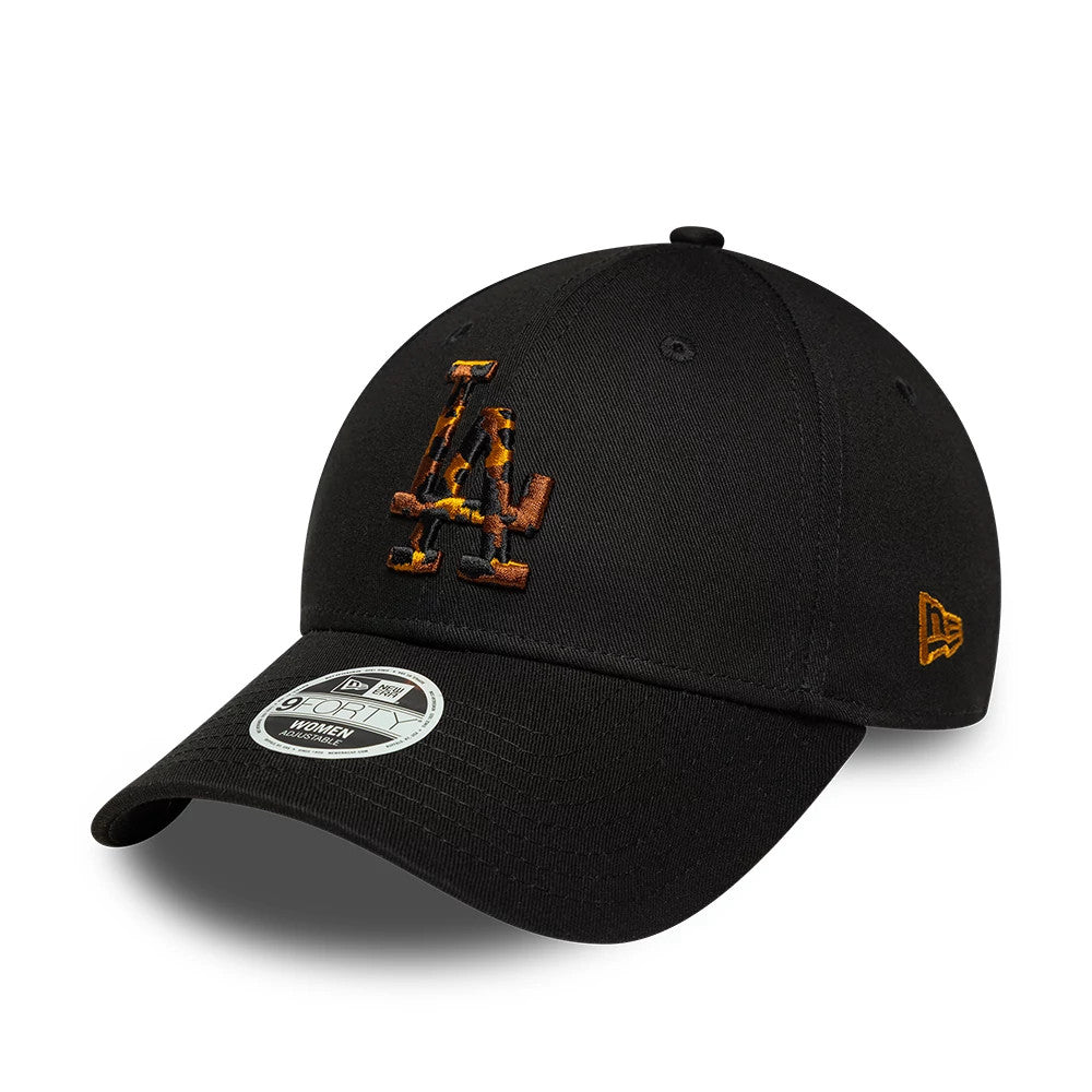 LA Dodgers Womens MLB Tortoise Infill Black New Era 9FORTY Adjustable Cap, front view showing the brown tortoise-patterned LA logo in raised embroidery on the front panel, with a curved visor and a white 9FORTY size sticker.