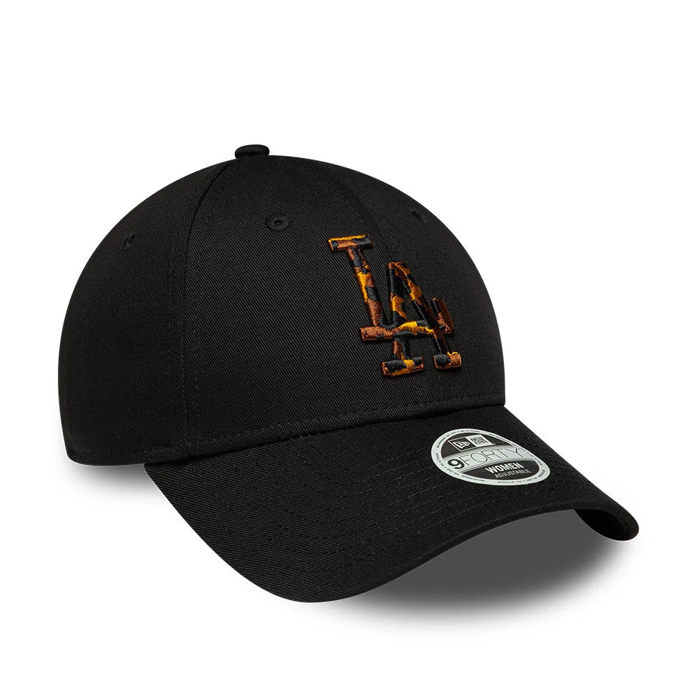 LA Dodgers Womens MLB Tortoise Infill Black New Era 9FORTY Adjustable Cap, three-quarter view showing the tortoise pattern filled LA logo embroidered on the front panel, with a curved black visor and a 9FORTY size sticker.