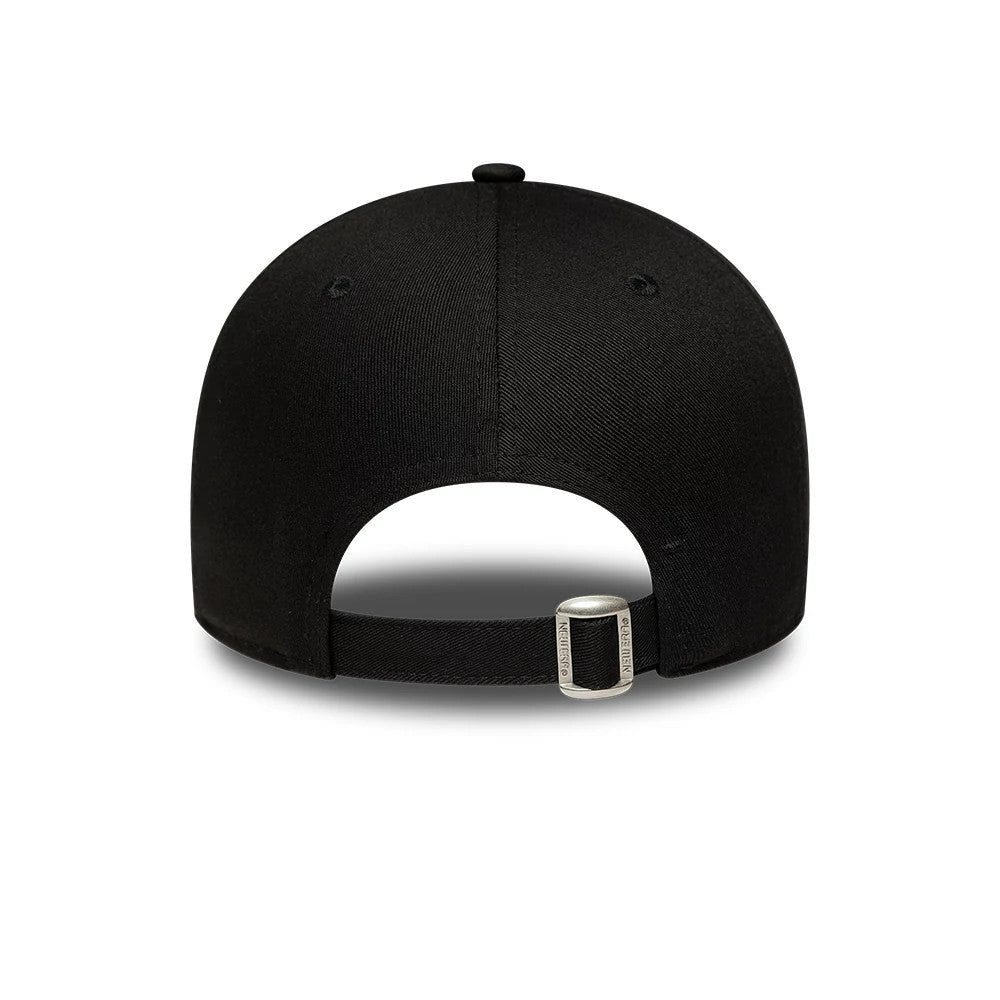 LA Dodgers Womens MLB Tortoise Infill Black New Era 9FORTY Adjustable Cap, rear view showing the black fabric strap with a buckle featuring New Era engraving, central seam on the structured black crown, and top button.