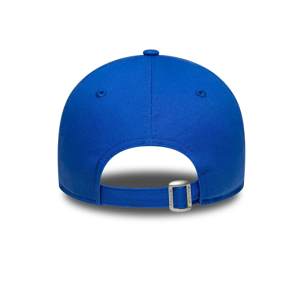 LA Dodgers MLB League Essential Bright Blue New Era 9TWENTY Adjustable Cap, rear view showing the unstructured bright blue crown, cut-out back opening, and buckle closure on the adjustable strap, complemented by embroidered eyelets.