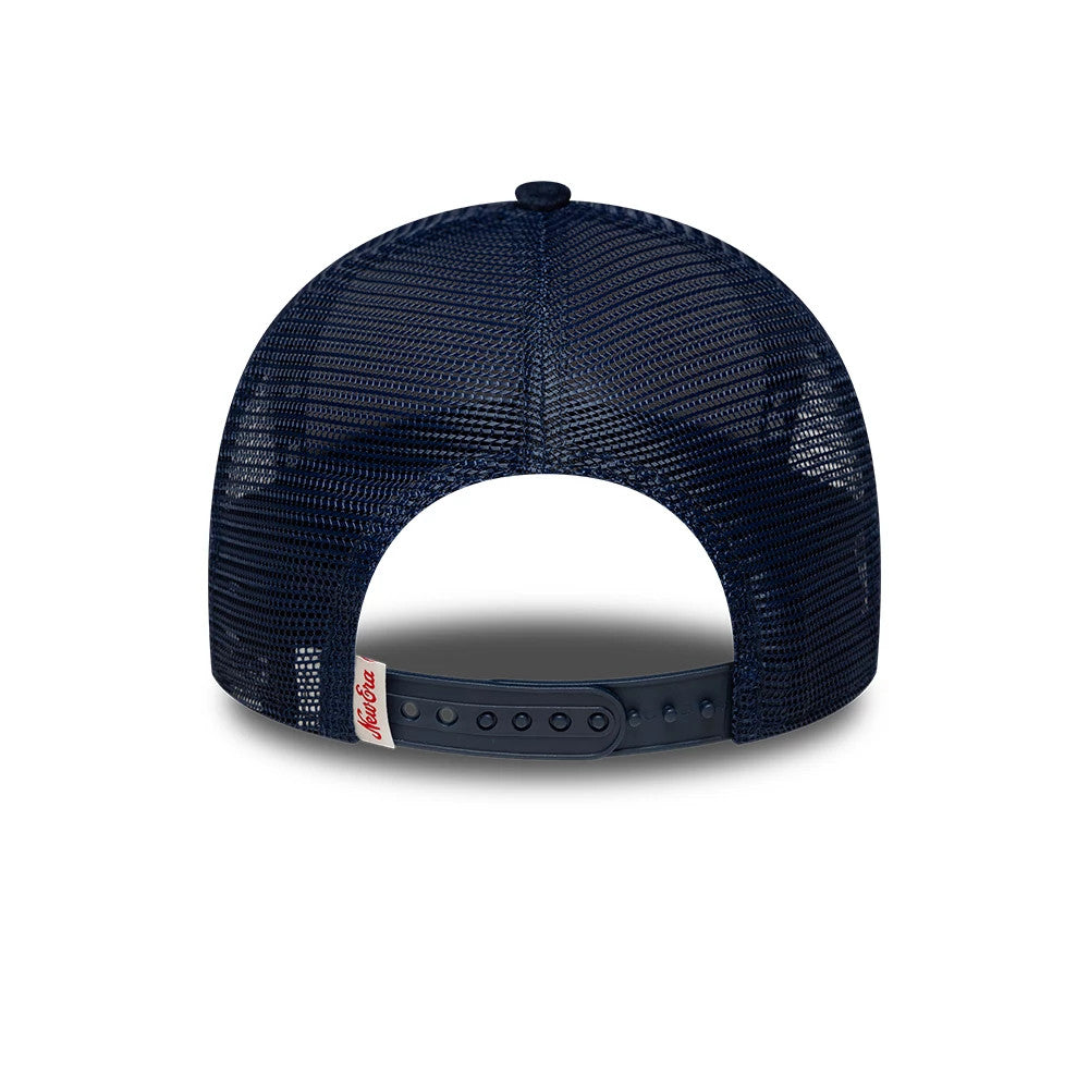 Womens New Era Velour Navy 9FORTY M-Crown A-Frame Trucker Adjustable Cap, rear view showing the mesh back panels in navy, a dark blue adjustable snap closure, and a white woven New Era flag tag on the left side.