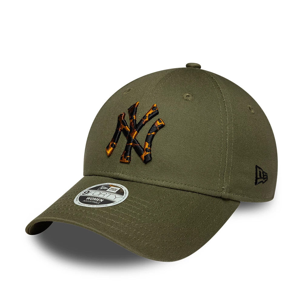 New York Yankees Womens MLB Tortoise Infill Green New Era 9FORTY Adjustable Cap, front view showing the tortoise shell pattern NY logo embroidered on the front panel, a curved visor with a 9FORTY size sticker.