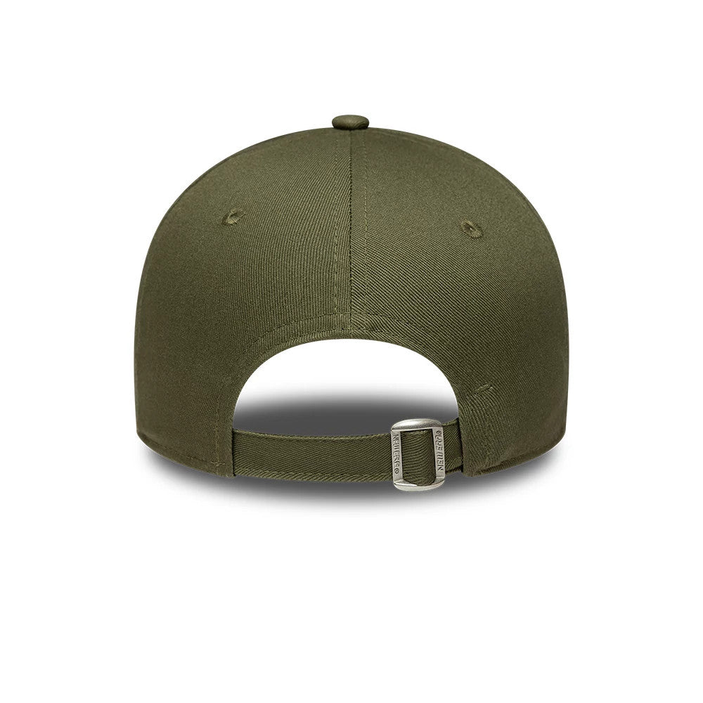 New York Yankees Womens MLB Tortoise Infill Green New Era 9FORTY Adjustable Cap, rear view showing the curved green visor, an adjustable fabric strap with a clasp, and the structured green crown with embroidered eyelets.