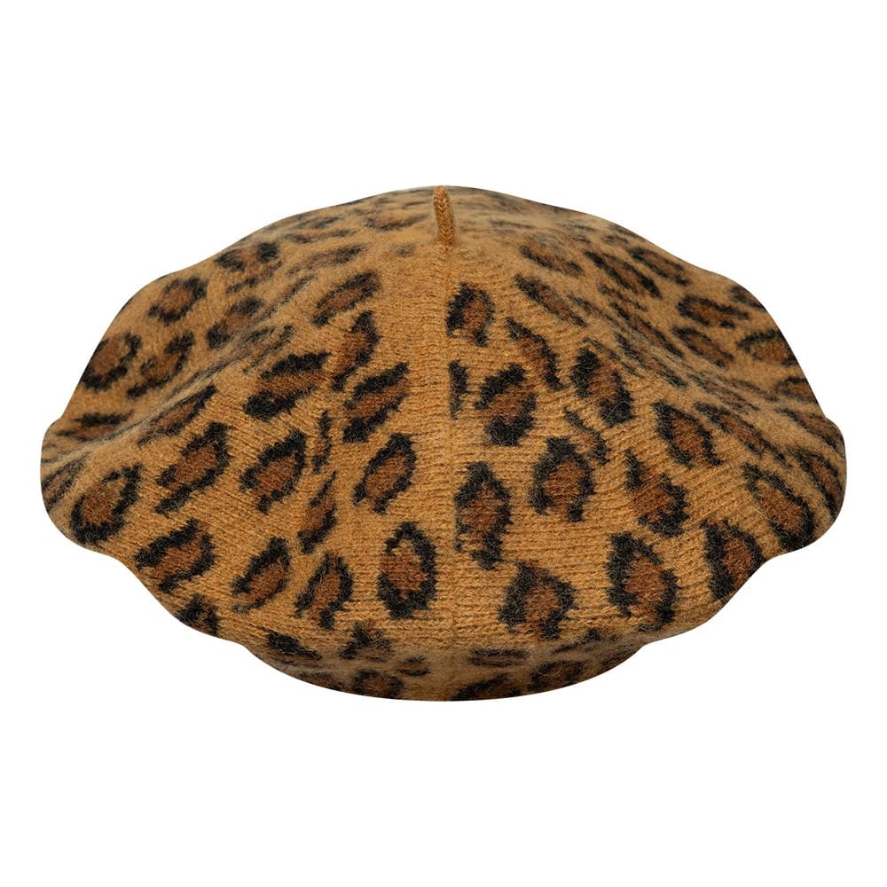 New Era New York Yankees MLB Leopard Beige Beret, top view showing the detailed leopard print pattern across the beige fabric, with a classic beret shape and a small fabric top button centred for added style.
