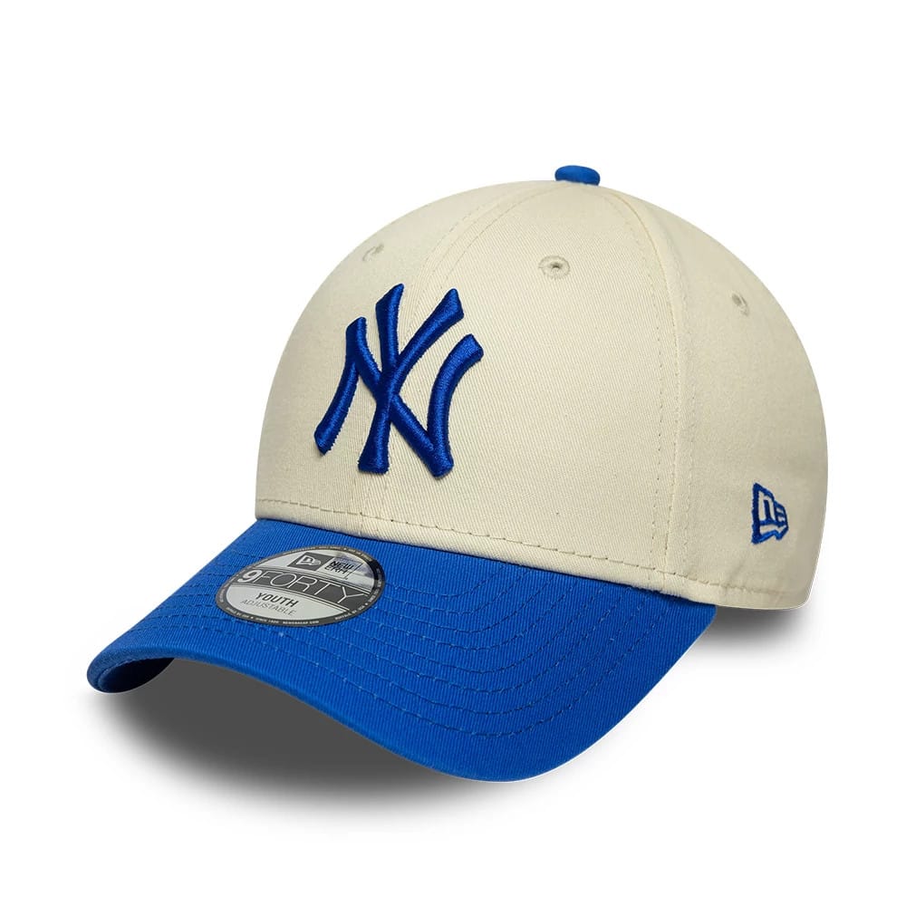 Pictured is this Youth MLB League Essential New York Yankees 9FORTY cap in cream & blue. 1
