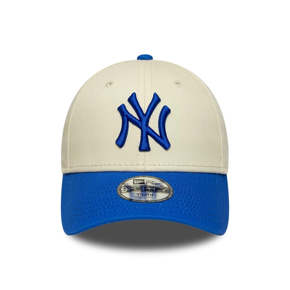 Pictured is this Youth MLB League Essential New York Yankees 9FORTY cap in cream & blue. 2