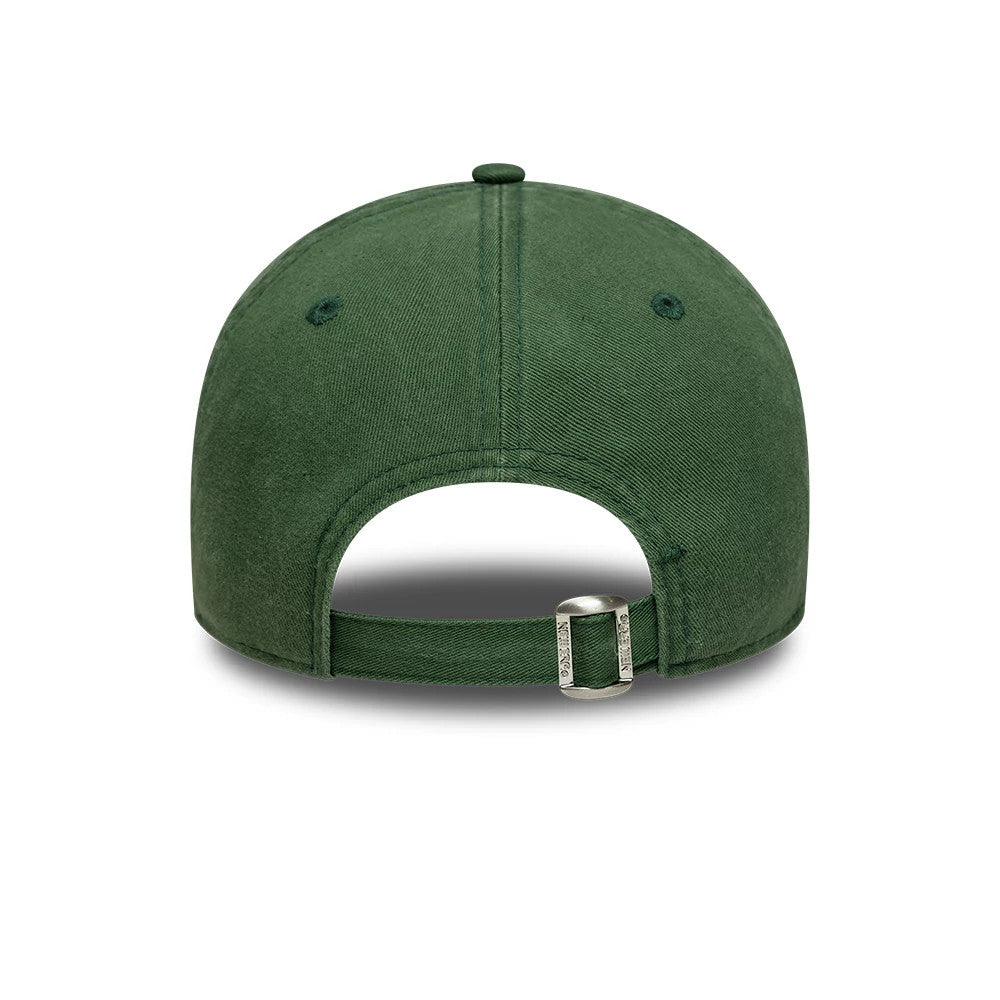 New York Yankees MLB Mini Logo Dark Green New Era 9TWENTY Adjustable Cap, rear view showing the dark green fabric with embroidered eyelets, an adjustable strap with a clasp, and a curved edge for a classic look.