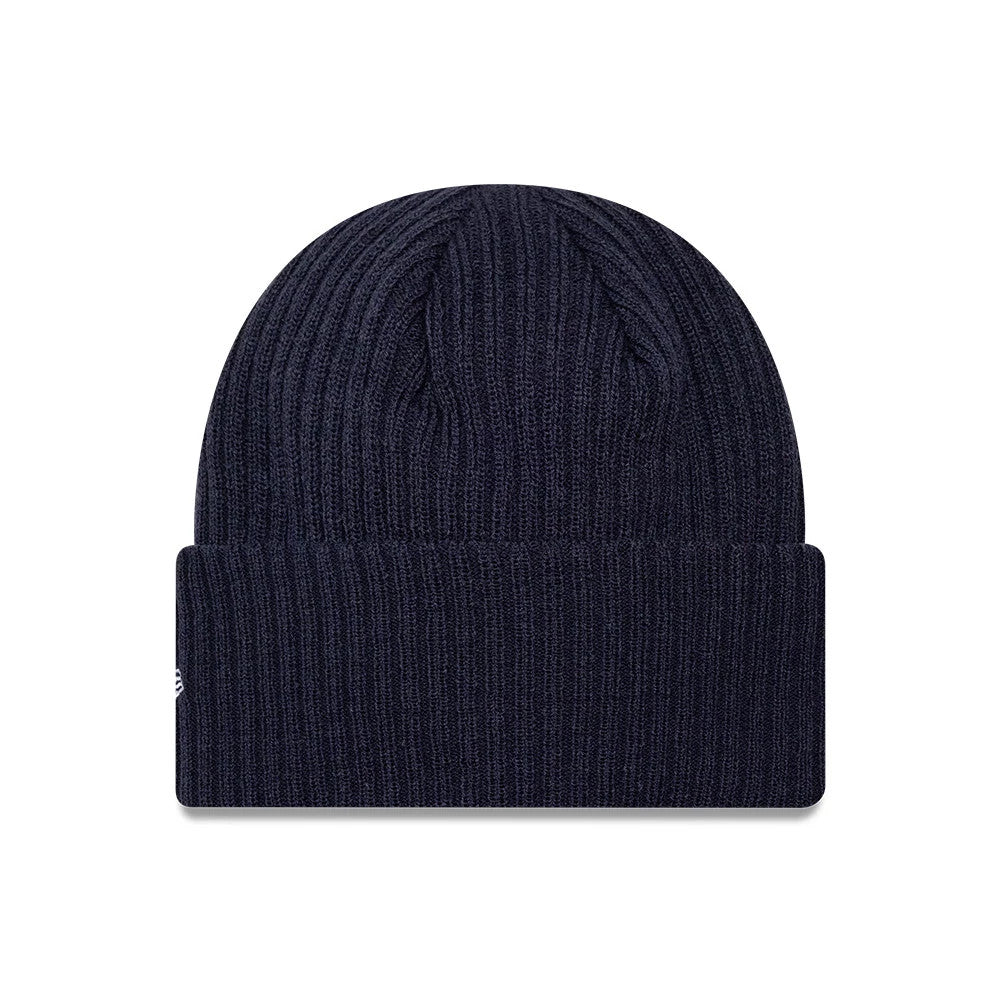 New Era Detroit Tigers MLB Wide Navy Cuff Knit Beanie Hat, front view showing the wide fold-up cuff with fine ribbing, the navy tone covering the entire beanie, and small detail of New Era flag logo embroidered on the cuff's left edge.