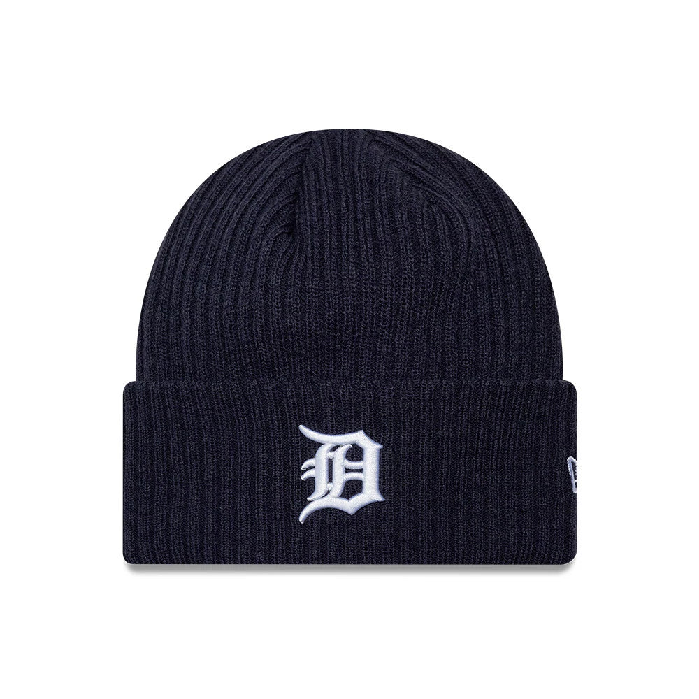 New Era Detroit Tigers MLB Wide Navy Cuff Knit Beanie Hat, front view showing the white embroidered Detroit Tigers logo on the wide folded cuff, with ribbed knit texture in deep navy and a small New Era flag logo on the side.