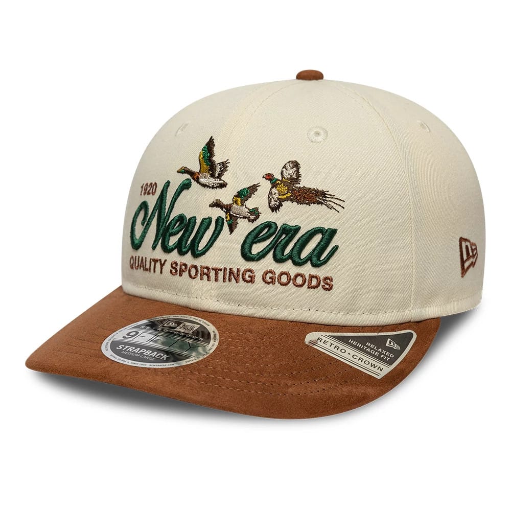 Pictured is this New Era Suede Retro Crown 9FIFTY cap in cream & brown. 1