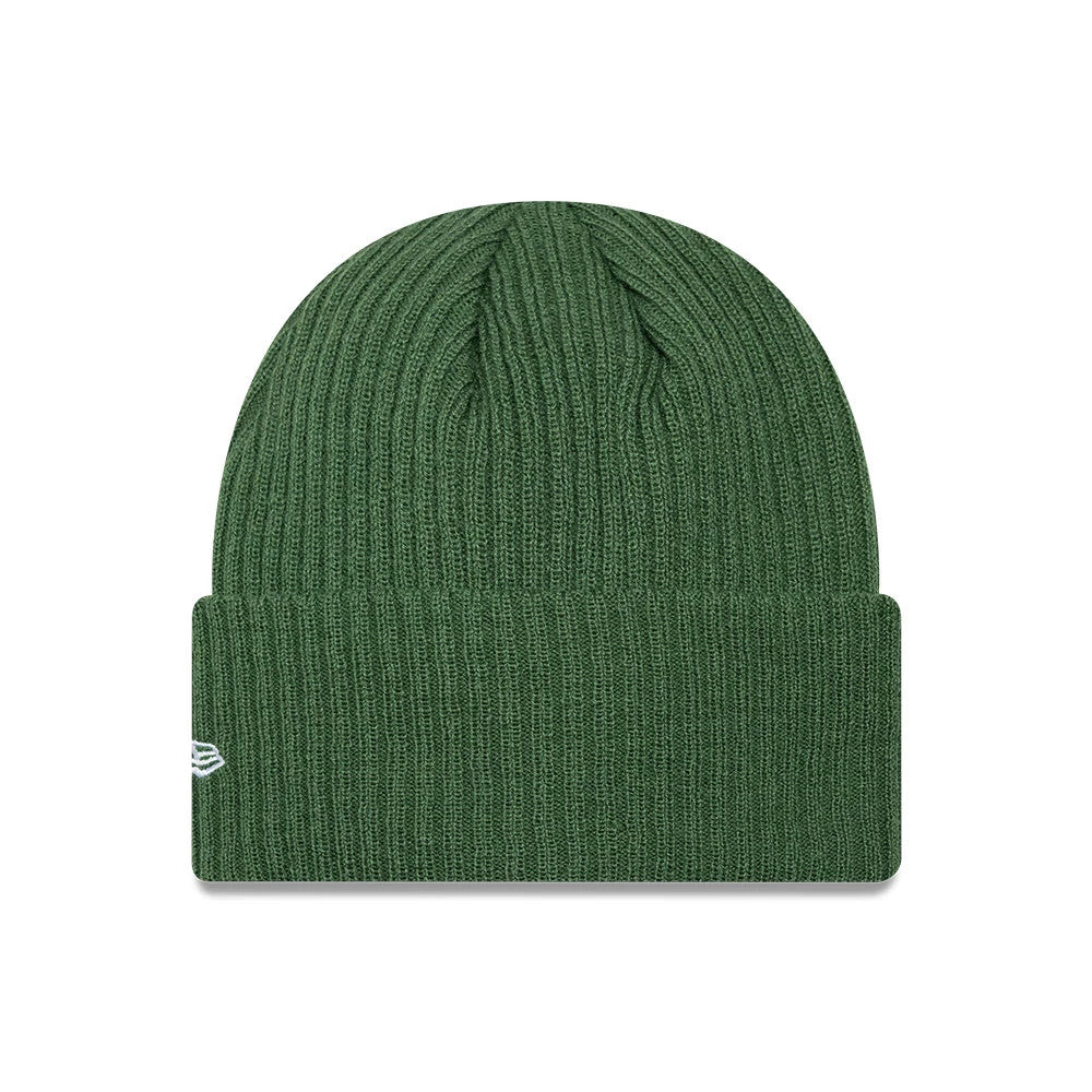 New Era New York Yankees MLB Wide Dark Green Cuff Knit Beanie Hat, front view showing the wide ribbed cuff in dark green, prominent knit texture on the crown, and the embroidered white New Era flag logo on the left side.