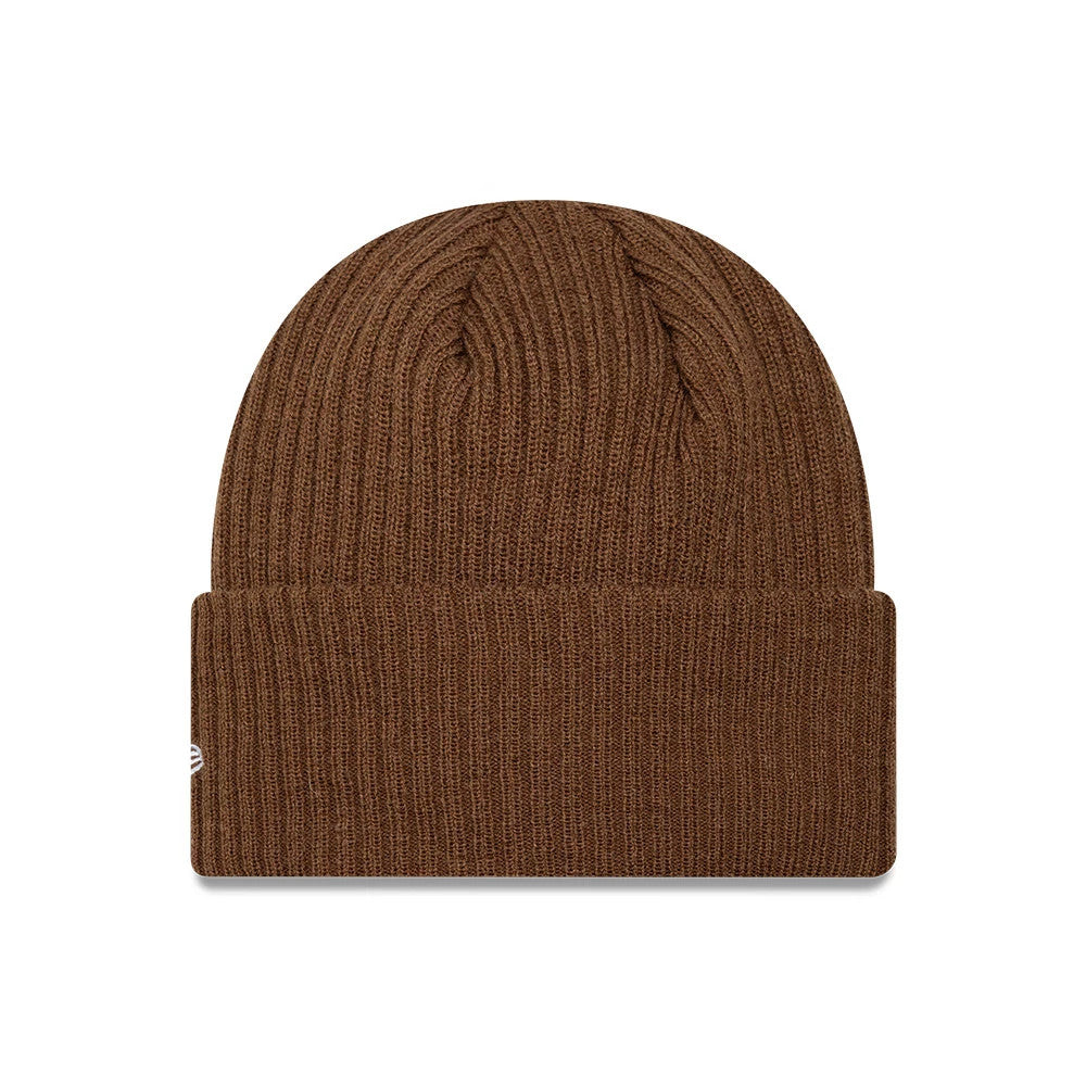 New Era LA Dodgers MLB Wide Brown Cuff Knit Beanie Hat, front view showing a ribbed knit texture with a wide folded cuff and stitching detail on top, featuring the New Era flag logo on the left side.