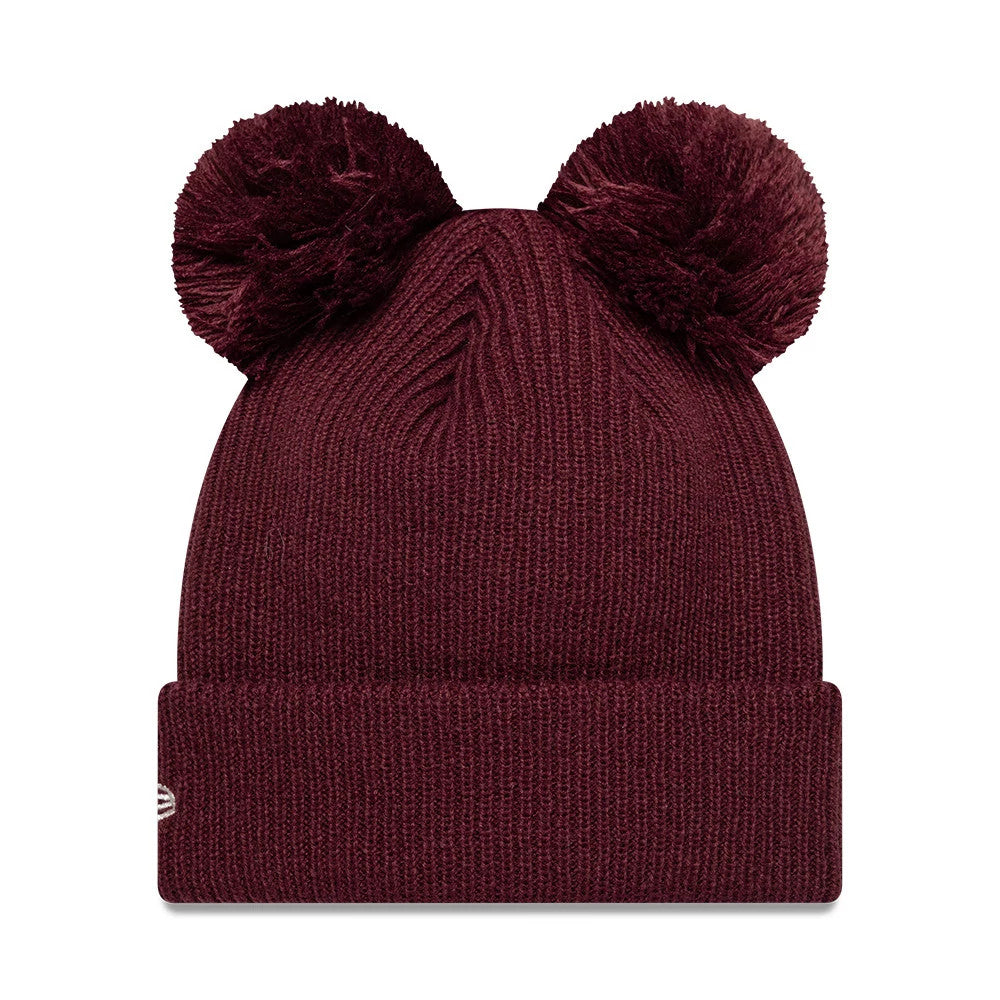 New Era New York Yankees Womens MLB Double Pom Dark Red Cuff Knit Beanie Hat, front view showing two fluffy pom poms on the top, a folded cuff, and the New Era flag logo on the left side.