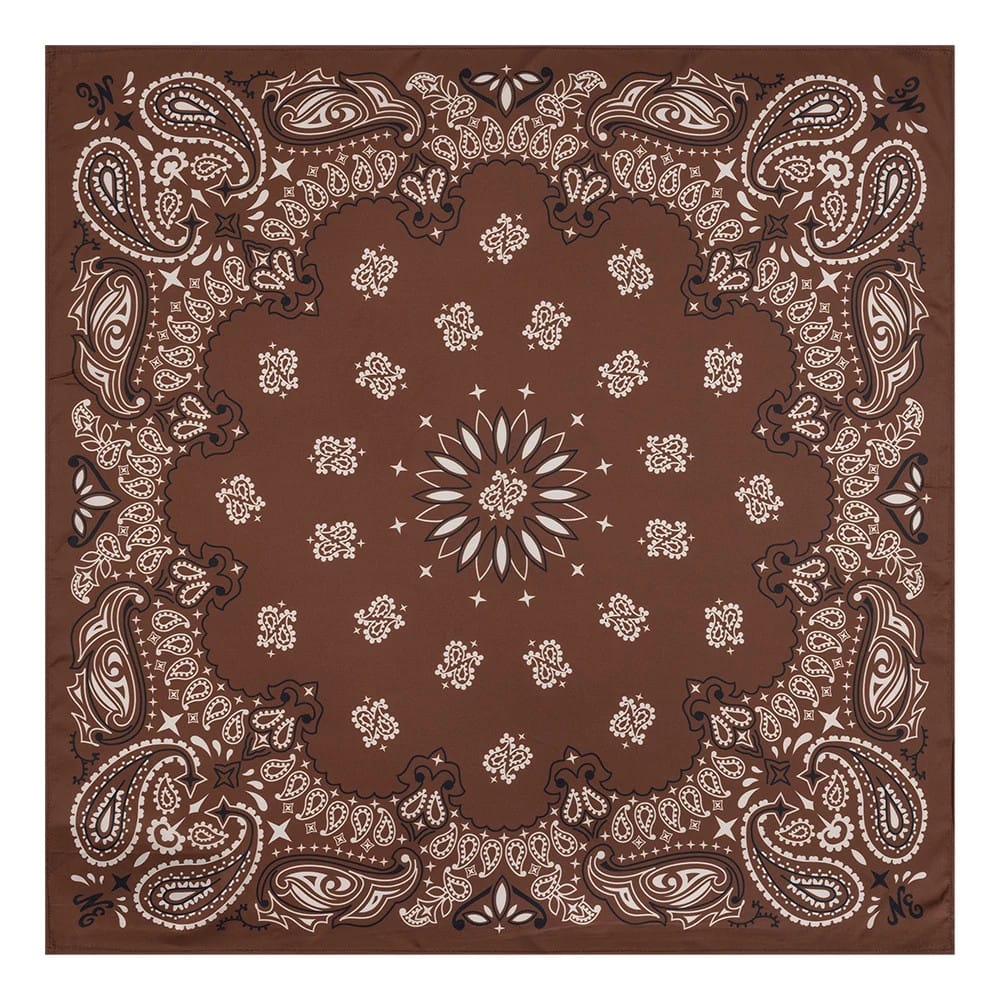 Pictured is this New Era Paisley Bandana in Brown. 1