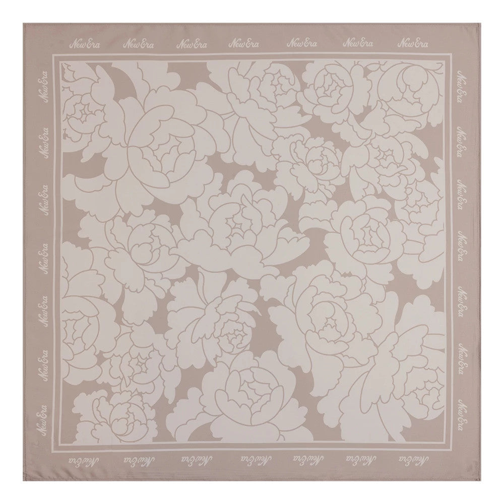 New Era Floral Satin Beige Bandana, top view showing an intricate white floral pattern on a soft beige background, with a border featuring the repeated New Era logo in white along all four edges.