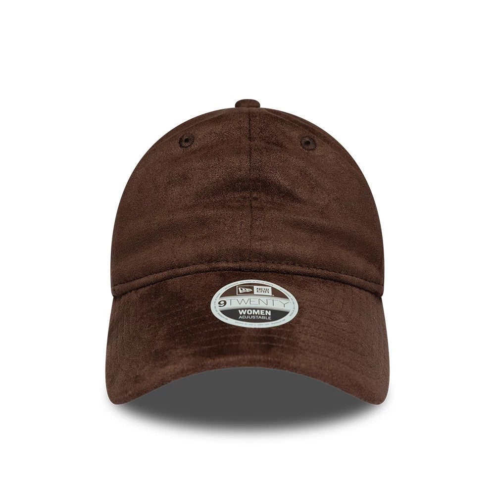 Womens New Era Textured Dark Brown 9TWENTY Adjustable Cap, front view showing the rich brown textured fabric on the unstructured crown, with a 9TWENTY size sticker centrally placed on the curved visor beneath the top button.