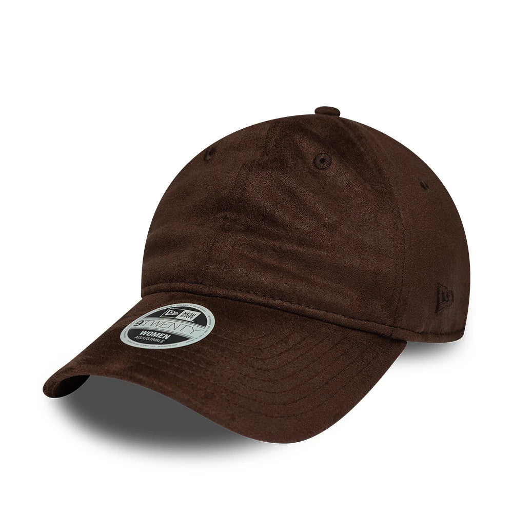 Womens New Era Textured Dark Brown 9TWENTY Adjustable Cap, three-quarter view showing a curved visor with a 9TWENTY size sticker, a embroidered New Era flag logo on the left side, and a textured fabric design on the structured crown.