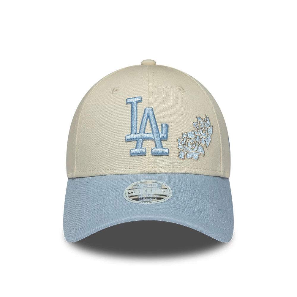 LA Dodgers Womens MLB Floral Cream New Era 9FORTY Adjustable Cap, front view showing raised light blue LA logo embroidery on the cream front panel, floral embroidery to the right, and a matching light blue curved visor with a 9FORTY size sticker.