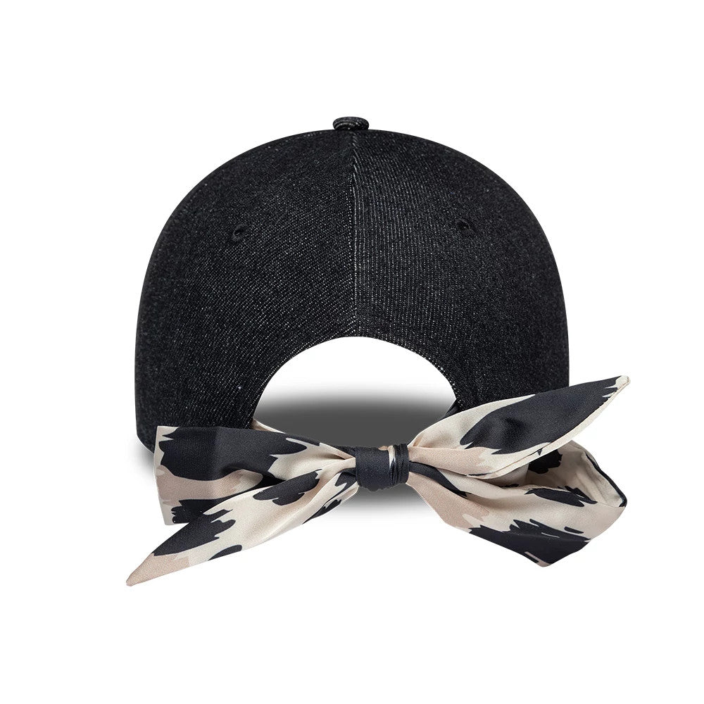 Chicago White Sox Womens MLB Denim Black New Era 9FORTY Bowback Adjustable Cap, rear view showing a large, black and beige patterned bow tied at the back opening of the black denim, curved visor cap.