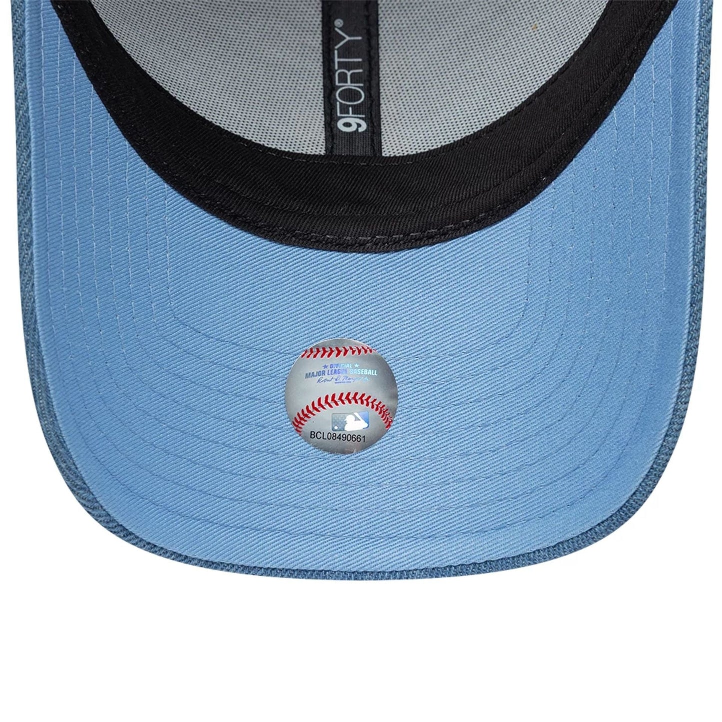 LA Dodgers Womens MLB Denim Pastel Blue New Era 9FORTY Bowback Adjustable Cap, inside view showing the light grey undervisor with a MLB Batterman sticker, black sweatband, and grey taping featuring 9FORTY branding.