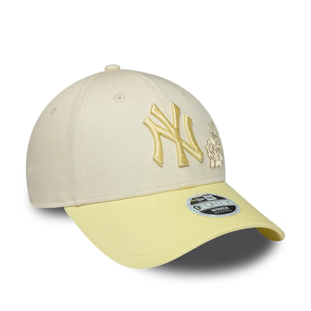 New York Yankees Womens MLB Floral Cream & Yellow New Era 9FORTY Adjustable Cap, three-quarter view showing the raised yellow embroidered NY logo and floral design on the cream front panels, with a contrasting yellow curved visor.