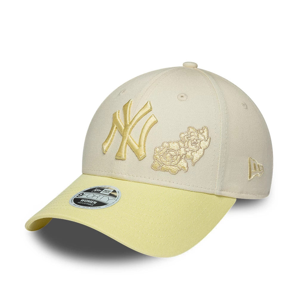 New York Yankees Womens MLB Floral Cream & Yellow New Era 9FORTY Adjustable Cap, three-quarter view showing cream NY logo with floral embroidery on the front panel, yellow curved visor with a 9FORTY size sticker.