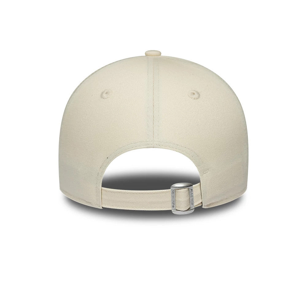 Womens New Era Floral Light Beige 9FORTY Adjustable Cap, rear view showing the light beige fabric with a curved visor, two small embroidered eyelets on the back panels, and an adjustable strap with a clasp for easily resizing.